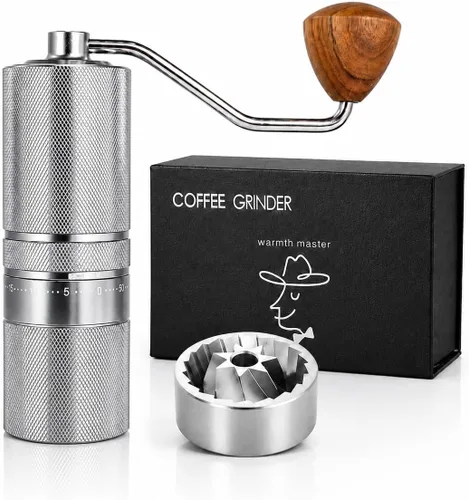 Vista 10 de Molinillo de café manual con rebaba cónica de acero inoxidable CNC, cuerpo de aluminio, mango de madera maciza, molinillo de mano ajustable portátil
