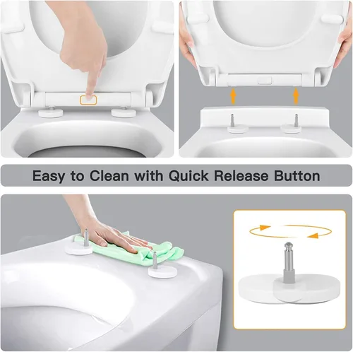 Vista 4 de Asiento de inodoro de cierre suave y enganche rápido alargado - Asientos de inodoro resistentes ajustables con bisagras de acero inoxidable