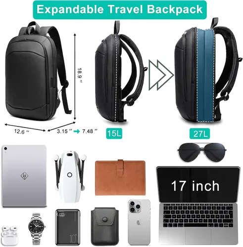 Vista 3 de hk Mochila de negocios para hombres de 17 pulgadas, delgada y expandible, impermeable, mochila de viaje para laptop con puerto de cargador USB, Negro