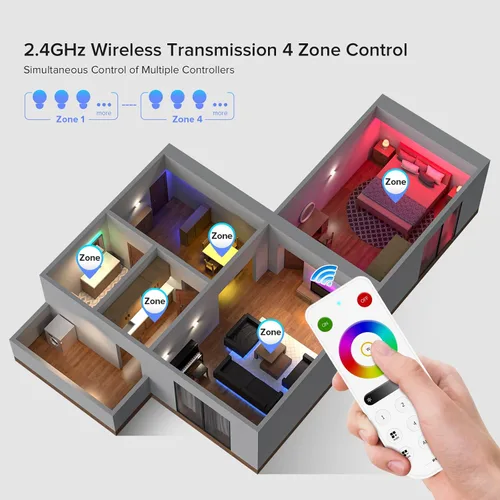 Vista 4 de BTF-LIGHTING RB3 2.4G Mando a distancia inalámbrico táctil RF para tira de luces LED RGB RGBW de persecución SPI, control de 4 zonas compatible