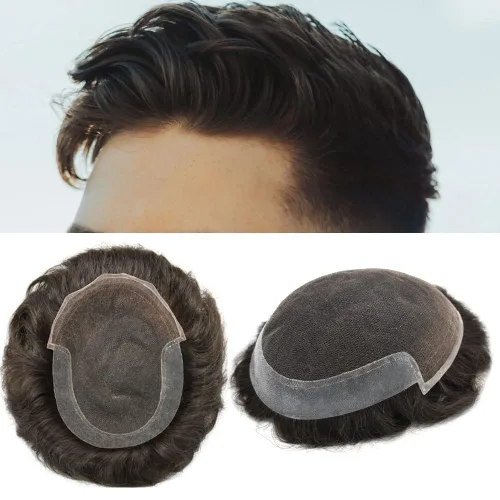 Vista 36 de Tupé para hombre Remy pieza de cabello humano para hombres encaje tupé para hombres nudo blanqueado sistema de reemplazo de cabello para hombre #1