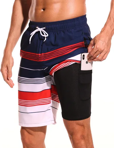 Vista 17 de Difficort - Traje de baño para hombre con forro de compresión, pantalones cortos de secado rápido con bolsillos con cremallera 1-a/ Rayas negras