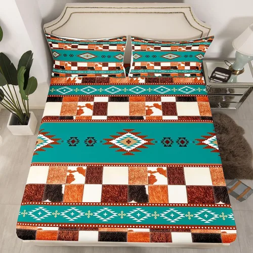 Vista 48 de Juego de ropa de cama de estilo bohemio occidental, tamaño individual, diseño de vaca atrapasueños, sábana bajera ajustable del suroeste, tribu