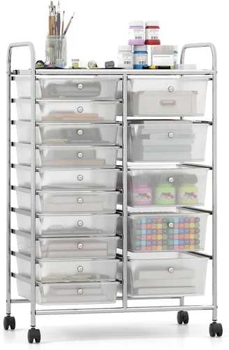 Vista 27 de Giantex - Carro de almacenamiento con ruedas, 10 cajones, organizador para papelería, oficina o escuela (Beige+Amarillo+Gris)
