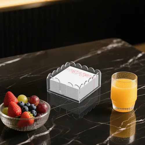 Vista 2 de YAGELI Servilletero acrílico transparente – Elegante bandeja festoneada para cóctel, baño, cocina y comedor – Toalla de papel plana y organizador