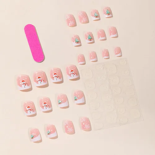 Vista 2 de Uñas postizas cuadradas a presión de Navidad, uñas postizas medianas de copos de nieve, uñas acrílicas a presión color rosa nude, cobertura Nude pink