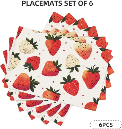 Vista 2 de Juego de 6 manteles individuales lavables con diseño de fresa dulce, para primavera y verano, frutas, resistentes al calor, de algodón y lino