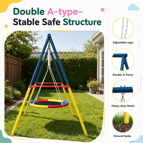 Vista 5 de DECORLIFE Columpio de platillo con soporte de marco en A resistente, juego de columpios para patio trasero, plataforma redonda de capacidad de 260