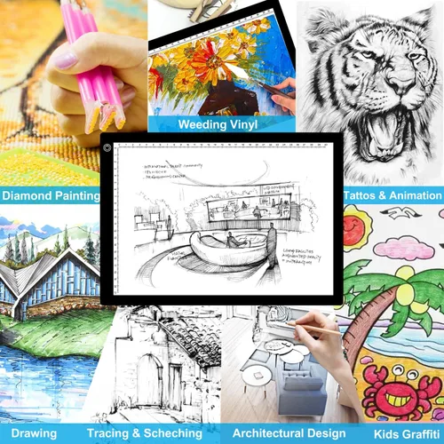Vista 8 de Almohadilla de luz LED A4 para trazar, tablero de luz de dibujo de brillo ajustable para pintura de diamante, desmalezado de vinilo, bocetos