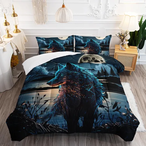 Vista 22 de AILONEN Juego de edredón con cabeza de lobo impresa tamaño individual, juego de ropa de cama de lobo para la noche para niños y hombres, juego