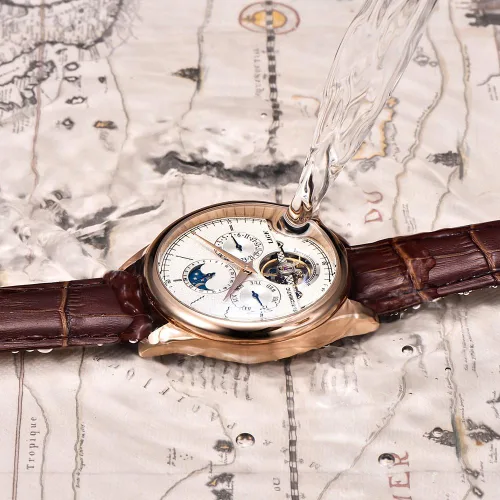 Vista 4 de LIGE Relojes mecánicos de lujo para hombre, reloj de pulsera automático de cuero blanco dorado
