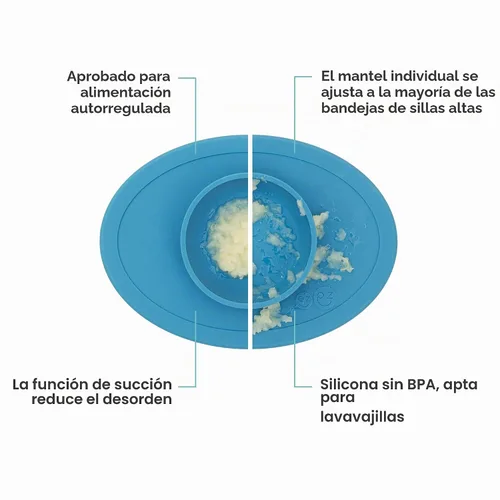 Vista 2 de ezpz Tiny Bowl (Azul) – 6 meses + – Mantel individual de succión 100% silicona + cuenco para bebés – Se adapta a todas las bandejas de silla alta
