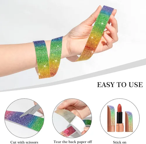 Vista 5 de 3 rollos de 9 yardas de cinta de diamantes de imitación de cristal autoadhesiva de colores y arco iris, rollo de calcomanías de diamantes brillantes