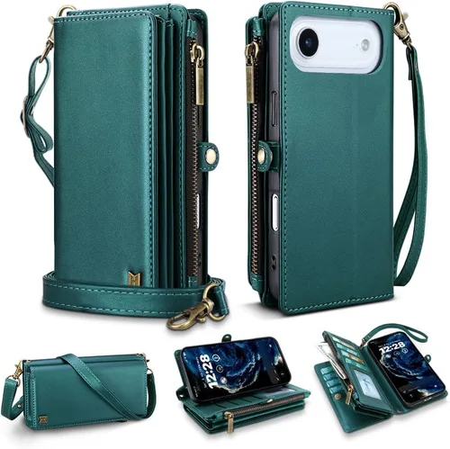 Vista 19 de Funda tipo cartera para iPhone 16 Pro Max con 8 tarjeteros, bloqueo RFID, piel sintética, función atril, abatible, correa de muñeca y correa