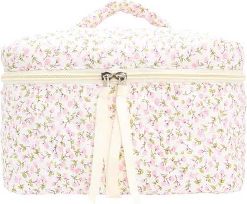 Vista 13 de PAZIMIIK - Bolsa de maquillaje de algodón para mujer, grande, acolchada para viaje, Rosa (Bow Pink), Vintage