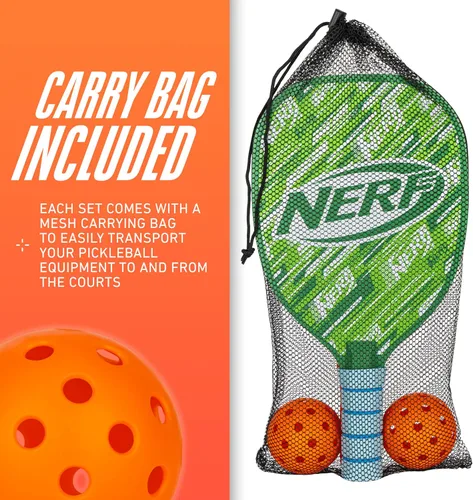 Vista 6 de NERF 2 Player Pickleball Paddle Set - Youth Pickleball Equipment Set - (2) Wooden Paddles with Foam Grips + (2) Outdoor Balls for Kids - Carry Bag