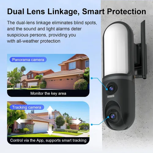 Vista 3 de EVERSECU Cámara de luz de pared impermeable de doble lente, video 3K, reflector de 1200 lm, audio de 2 vías, seguimiento automático PTZ, compatible