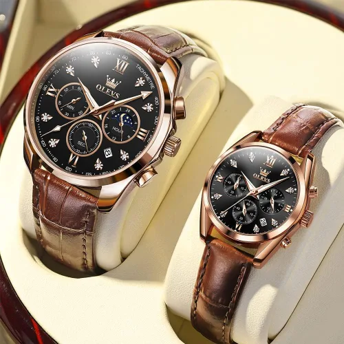 Vista 2 de OLEVS Juego de 2 relojes de cuarzo para parejas de San Valentín, para él y ella, cronógrafo de cuero, con diamantes para hombres, mujeres, amantes
