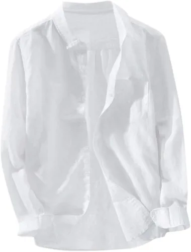 Vista 15 de Camisa de lino para hombre, manga larga, cómoda, abotonada, lisa, ligera, holgada, con bolsillos