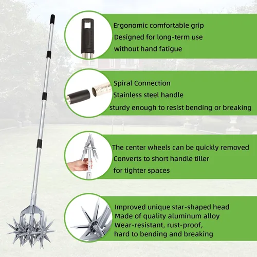 Vista 9 de Cultivador giratorio, herramienta de jardín ajustable con púas de metal sólido desmontables para aflojar y mezclar tierra, cultivador de jardín