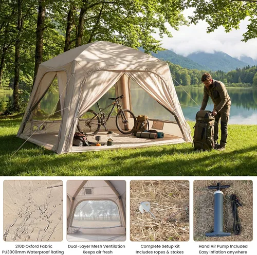 Vista 4 de Inflatable Tents for Camping, Blow Up Tent with Hand Pump, Easy Setup Inflatable Hot Tent with Stove Jack, Waterproof Oxford Air Glamping Tents for