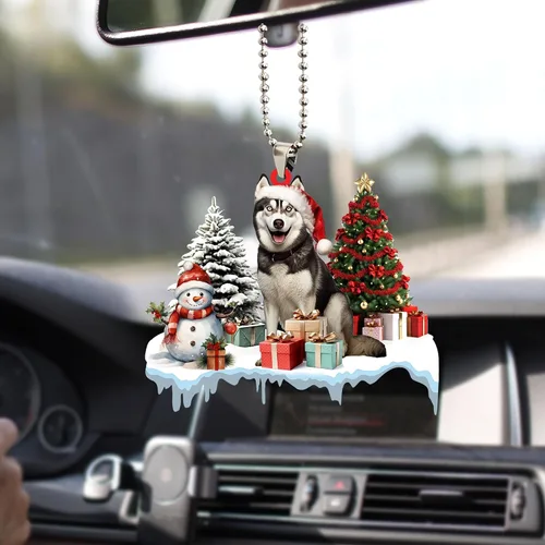 Vista 6 de Talataca Adorno de Navidad Plano 2D de Husky, Cajas de Regalo de Husky, Decoración de Árbol de Pino, Adorno Colgante de Casa para la Víspera