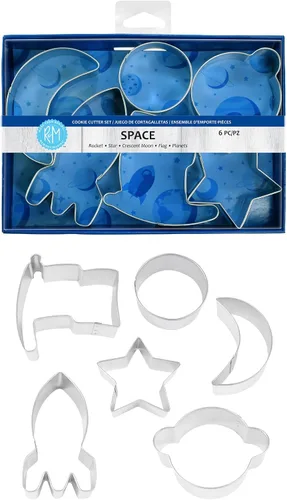 Vista 2 de R&M International Space - Cortadores de galletas, cohete, estrella, luna creciente, bandera, planeta, círculo, juego de 6 piezas, plateado
