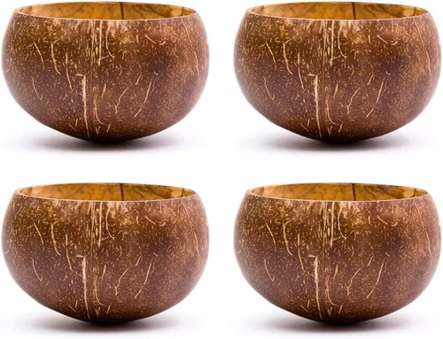 Vista 2 de Rainforest Bowls Juego de 4 pequeños cuencos originales de coco, 4 cucharas de madera y 4 popotes de bambú reutilizables, 100% naturales, tallados a
