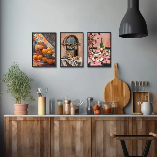 Vista 6 de 9 piezas de arte de pared de cocina coloridos alimentos para decoración de pared, fotos, bebidas, frutas, bar, carrito, lienzo, impresiones
