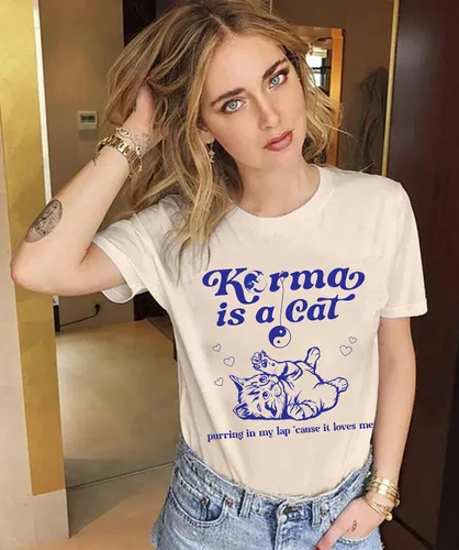 Vista 4 de SFHFY Karma is Cat Camisas para mujer, camisa para amantes de los gatos, letras vintage, concierto, verano, fanáticos de la música country, camiseta