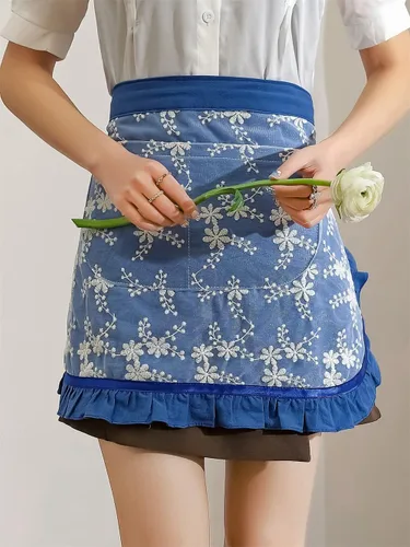 Vista 2 de Delantales de chef unisex blanco retro algodón criada corto 2 bolsillos cintura camarera mitad delantal Bordado azul