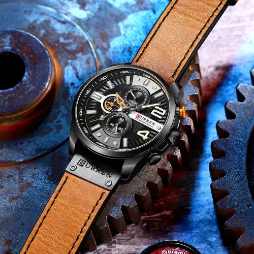 Vista 4 de Reloj clásico con cronógrafo, elegante, casual, deportivo, correa de piel, para hombre