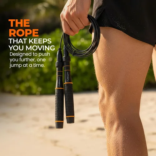Vista 5 de LYRA - Cuerda de saltar de velocidad ajustable – Rodamientos de bolas de 360°, cable de acero y asas de aluminio – Bajo doble rápido