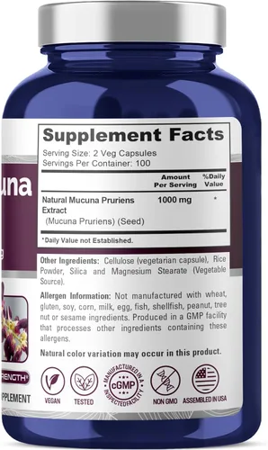 Vista 2 de NusaPure Mucuna Pruriens 1000mg 200 cápsulas vegetales (sin OMG, 100% vegetariano, vegano)