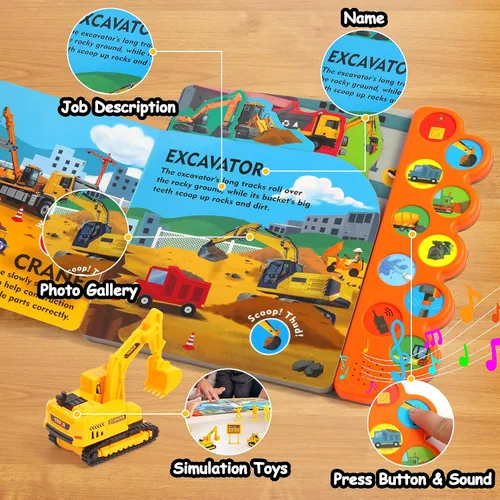 Vista 3 de Juguetes de Construcción con Libros de Sonido - ¡Excava! ¡Tira! ¡Construye! Libro de Tablero de Construcción con 10 Botones y 20 Piezas de Juguetes