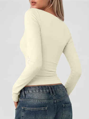 Vista 4 de Trendy Queen - Camisas ombligueras para mujer, manga larga, cuello cuadrado, básicas, para salir, de invierno, Y2K Albaricoque