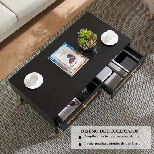 Vista 4 de Mesa de centro negra moderna de mediados de siglo con cajones de almacenamiento y estante abierto, mesa rectangular bohemia de madera maciza