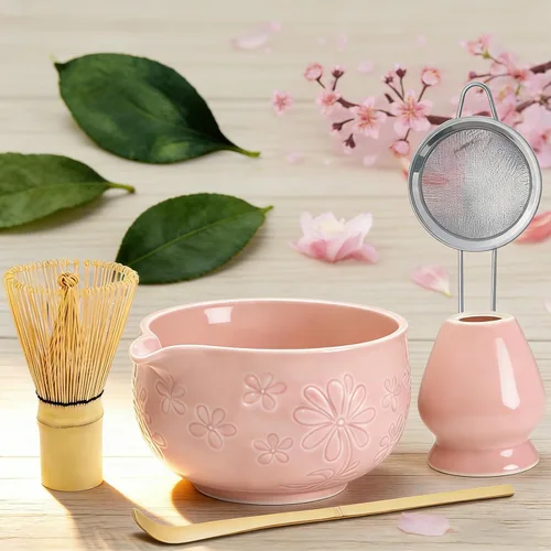 Vista 6 de Juego de batidor de matcha, kit de fabricación de matcha de cerámica rosa con batidor tradicional de bambú, cuenco matcha, cuchara, tamiz y soporte