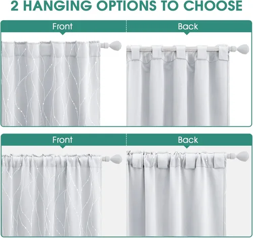 Vista 6 de HOMEIDEAS Cortinas opacas de color gris claro de 52 x 96 pulgadas de largo, 2 paneles de línea ondulada plateada con puntos impresos, pestaña