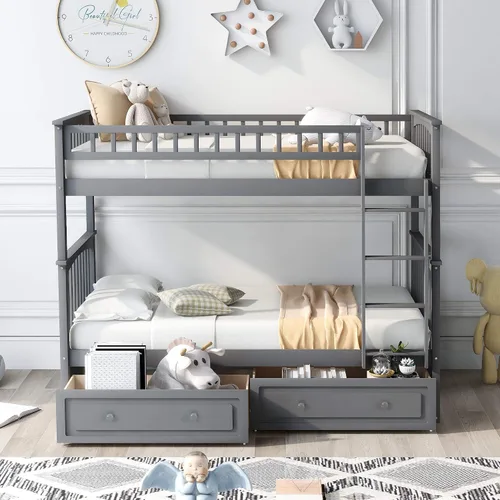 Vista 11 de Literas para niños con escalera, literas de madera maciza con barandilla completa