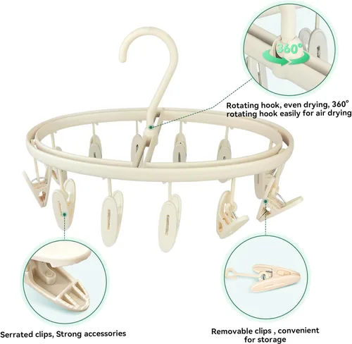 Vista 4 de Percha de secado de ropa plegable portátil de alta calidad con 12 clips, estante de secado de plástico antioxidante para calcetines, lencería