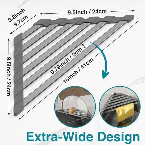 Vista 6 de COOL-ANGLE Escurridor de fregadero de esquina, escurridor triangular de aluminio resistente al óxido, tapete enrollable resistente al calor