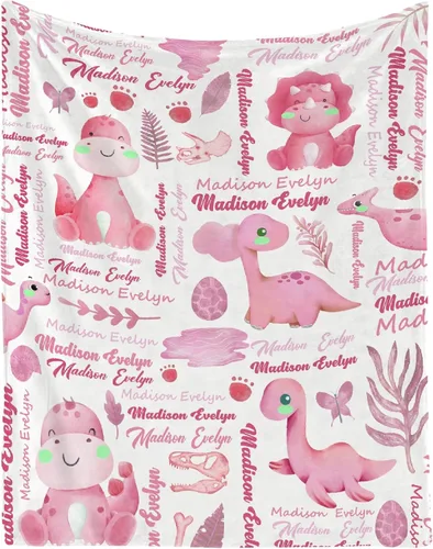 Vista 21 de Manta personalizada con nombre de bebé, dinosaurios, regalo para bebés y niñas, manta de franela suave para recién nacidos, manta cómoda y acogedora