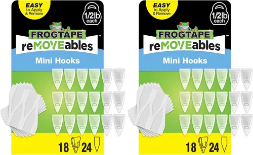 Vista 15 de FrogTape reMOVEables - Mini ganchos adhesivos para colgar, 18 ganchos transparentes y 24 tiras adhesivas, clips de interior sin daños para luces