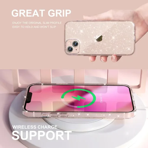 Vista 12 de Choiche Compatible con iPhone 13, funda para mujer con purpurina brillante, 2 protectores de lente de cámara con diamantes, funda protectora a