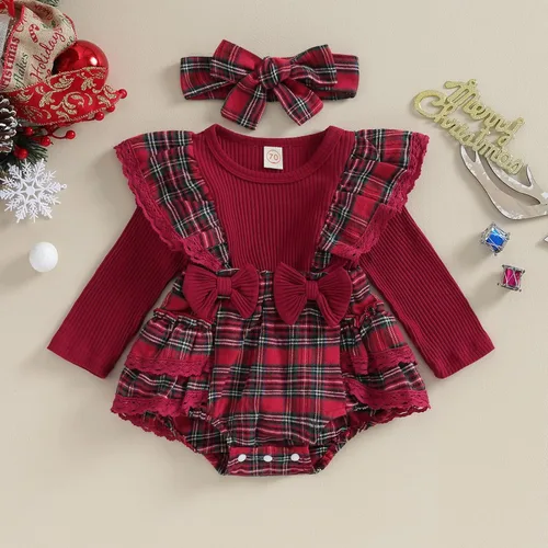 Vista 2 de Mubineo Conjunto de mameluco de Navidad para bebé niña con volantes para otoño e invierno
