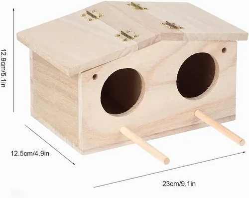 Vista 7 de Caja anidable de periquitos, casa de madera para nidos de pájaros para mascotas, jaula de cría de cacatúas con perca, accesorios para loros