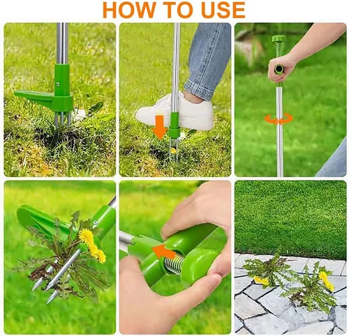 Vista 3 de Extractor manual de malezas, herramienta de desbrozadora de jardín de pie, herramienta de mano de eliminación de raíces de mango largo con 3 garras