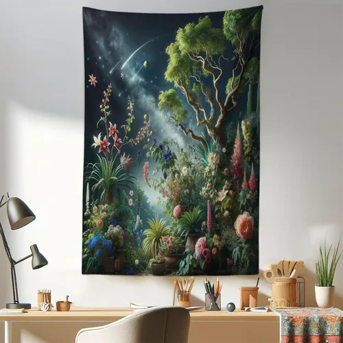 Vista 131 de Ambesonne Tapiz verde, fases lunares alrededor de un árbol de la vida, impresión de diseño bohemio de astrología nocturna, decoración de tela