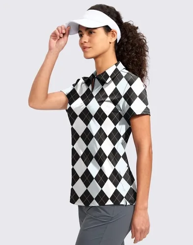 Vista 3 de Viodia Camisa de golf para mujer, manga corta, con cremallera, de secado rápido, elástica, con cuello de tenis, ropa de golf